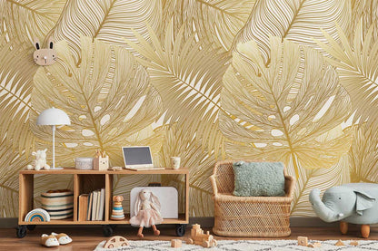 a wall painting with leaves, branches, and feathers