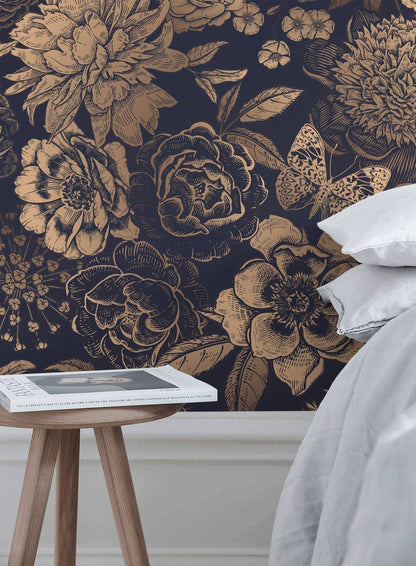 Elegant Gold Floral Navy Mural Wallpaper in bedroom