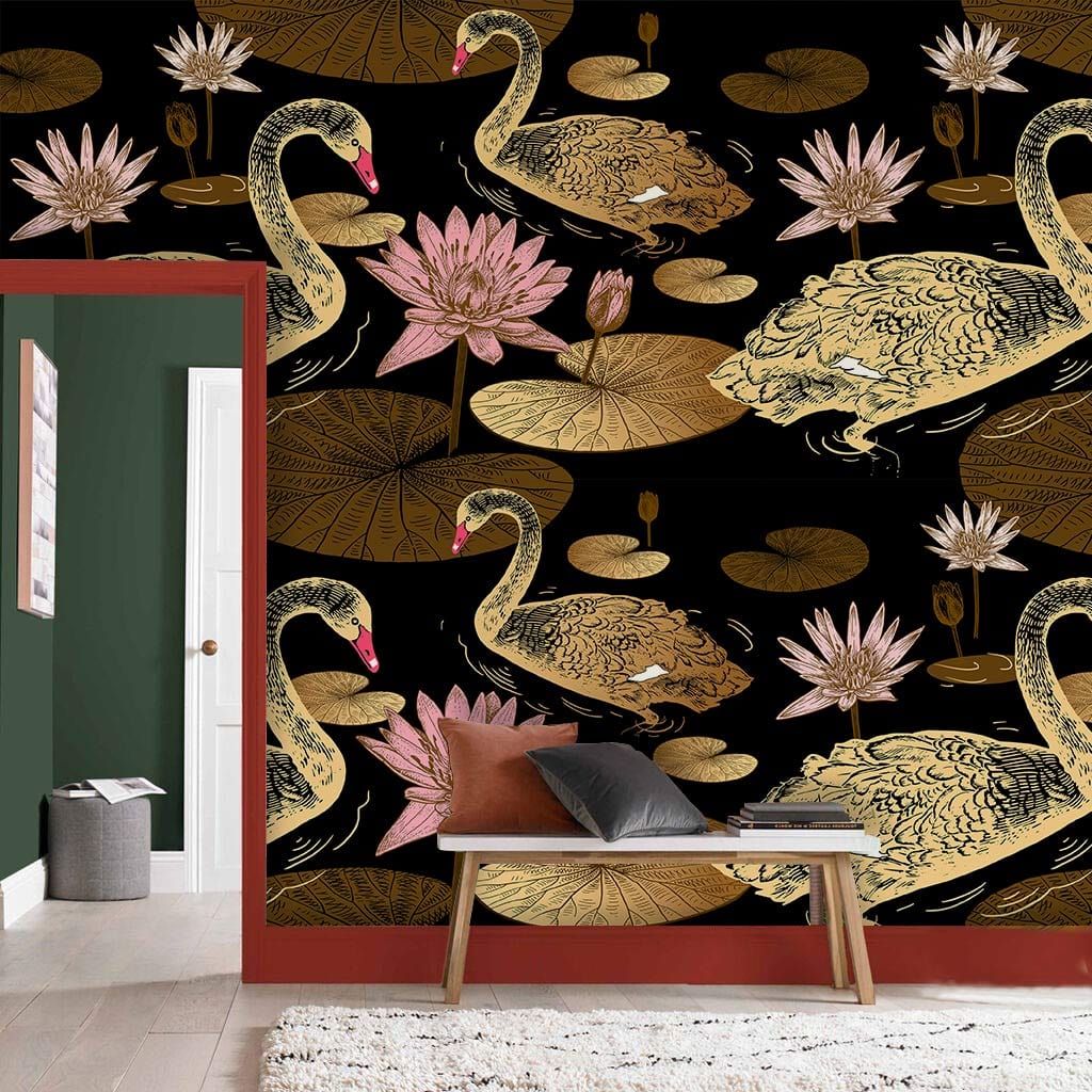 flowery wallpaper mural with geese and lotuses