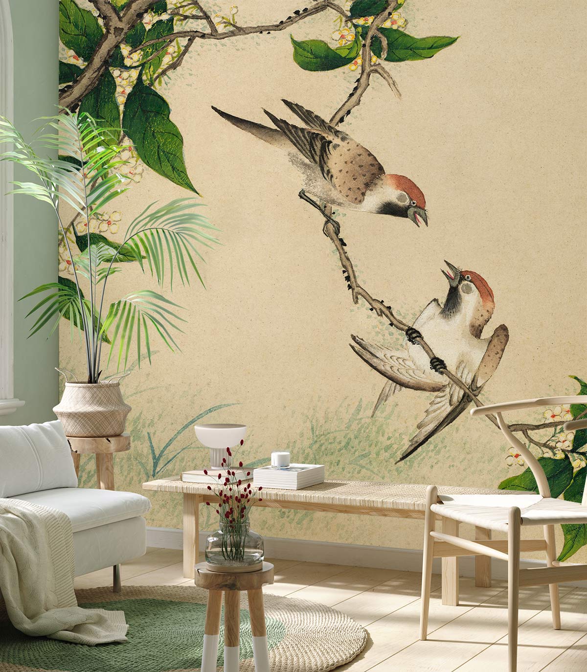Gossiping Sparrows painting Animal Wallpaper Mural Decoration