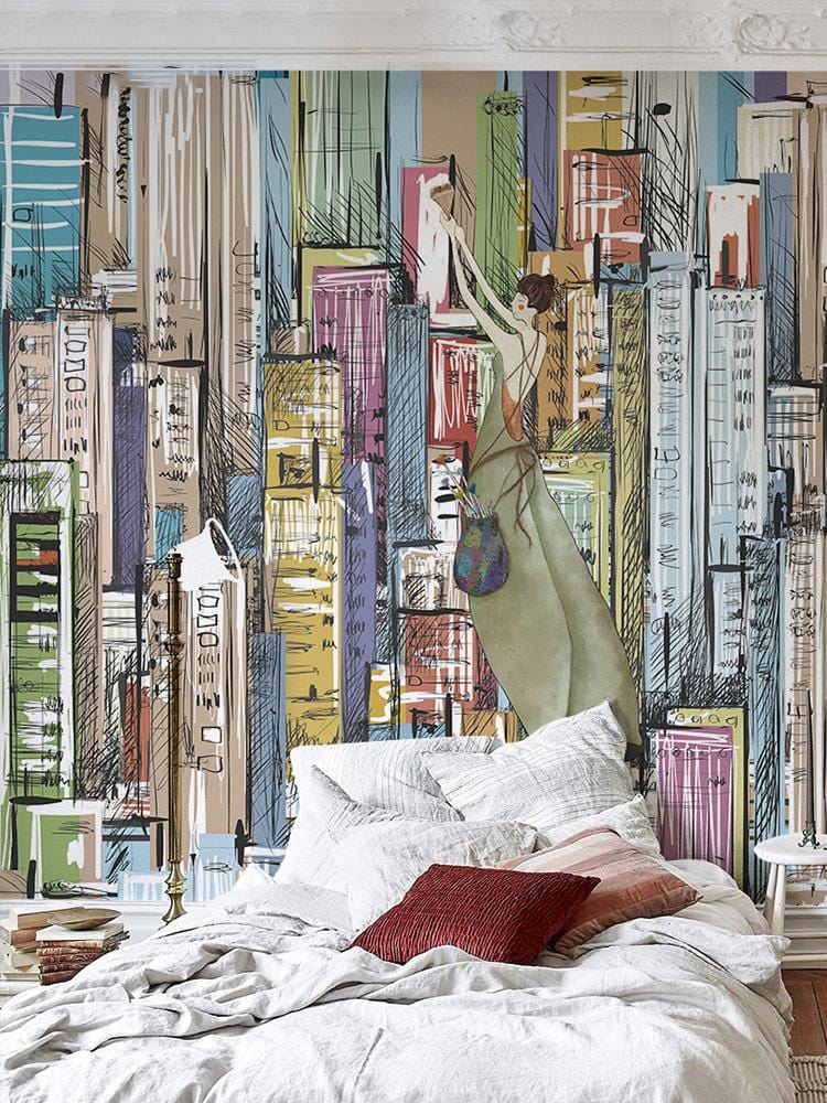 colorful graffiti city scape mural art decoration idea