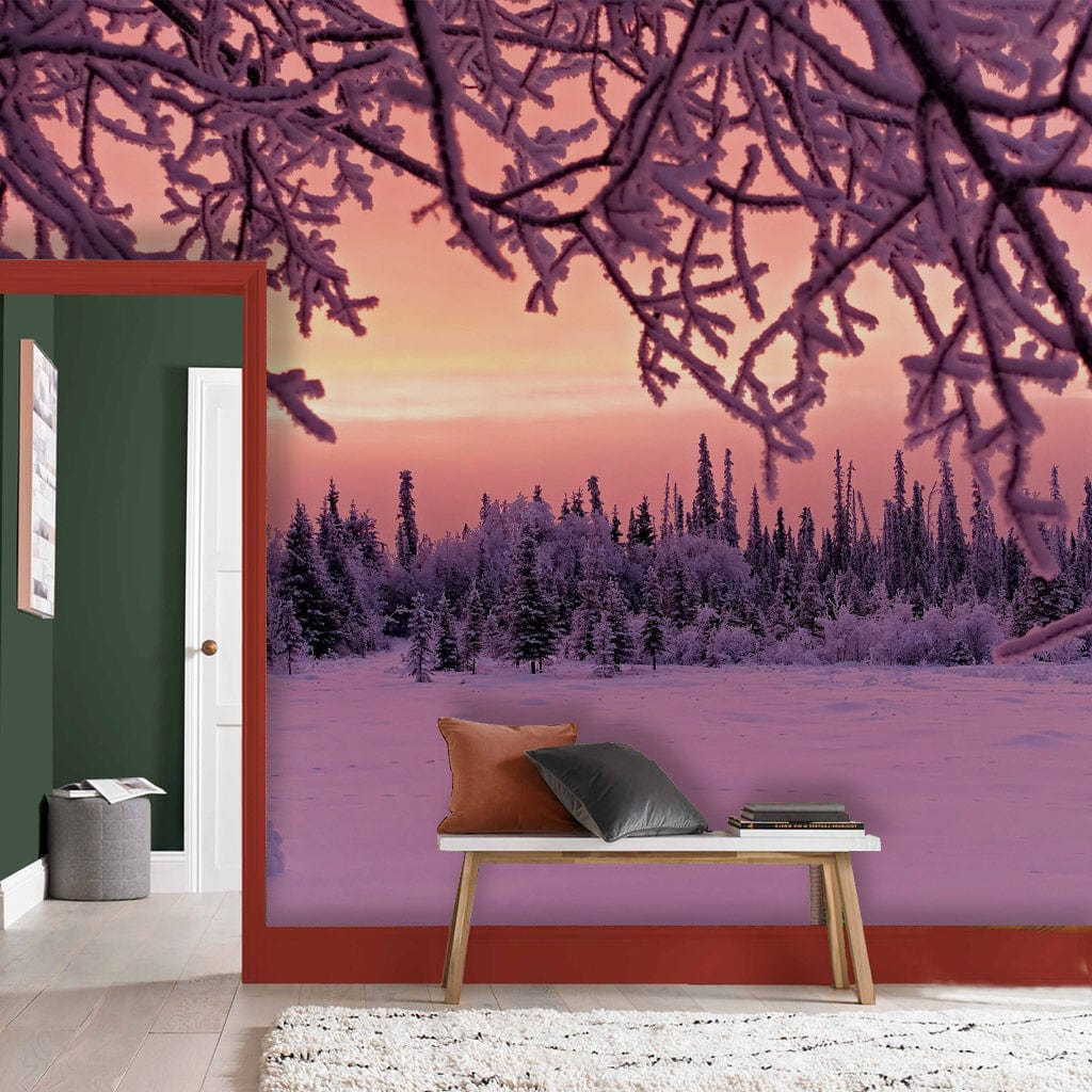 winter snow trees purple sunset wallpaper mural deisgn