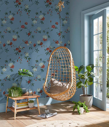 Vintage Blue Floral Mural Wallpaper in living room