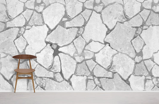 Wallpaper Mural in Gray with Cracked Brick Design for Interior Decorating
