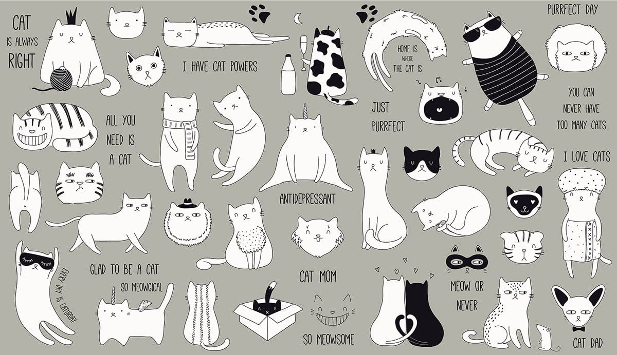 Verspielte Katzenillustration monochrome Wandtapete