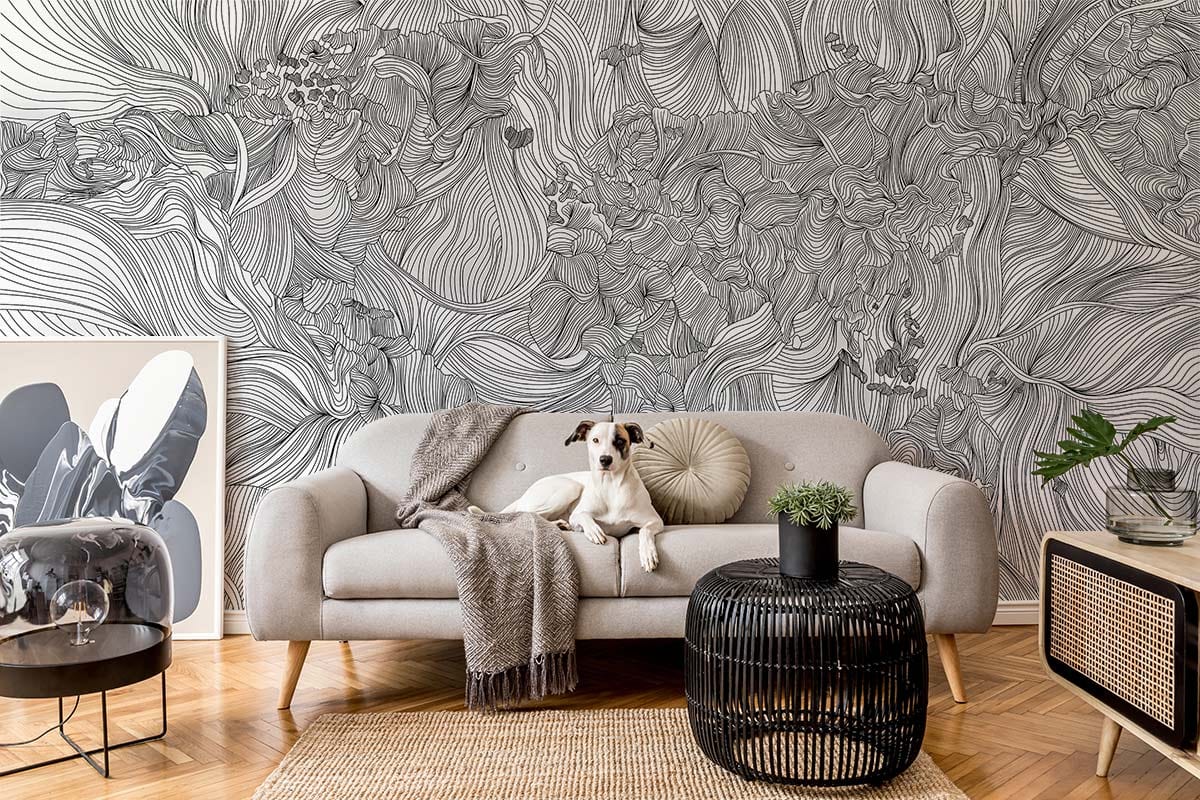 Gray Crossing line flower mural Wallpapers for hallway