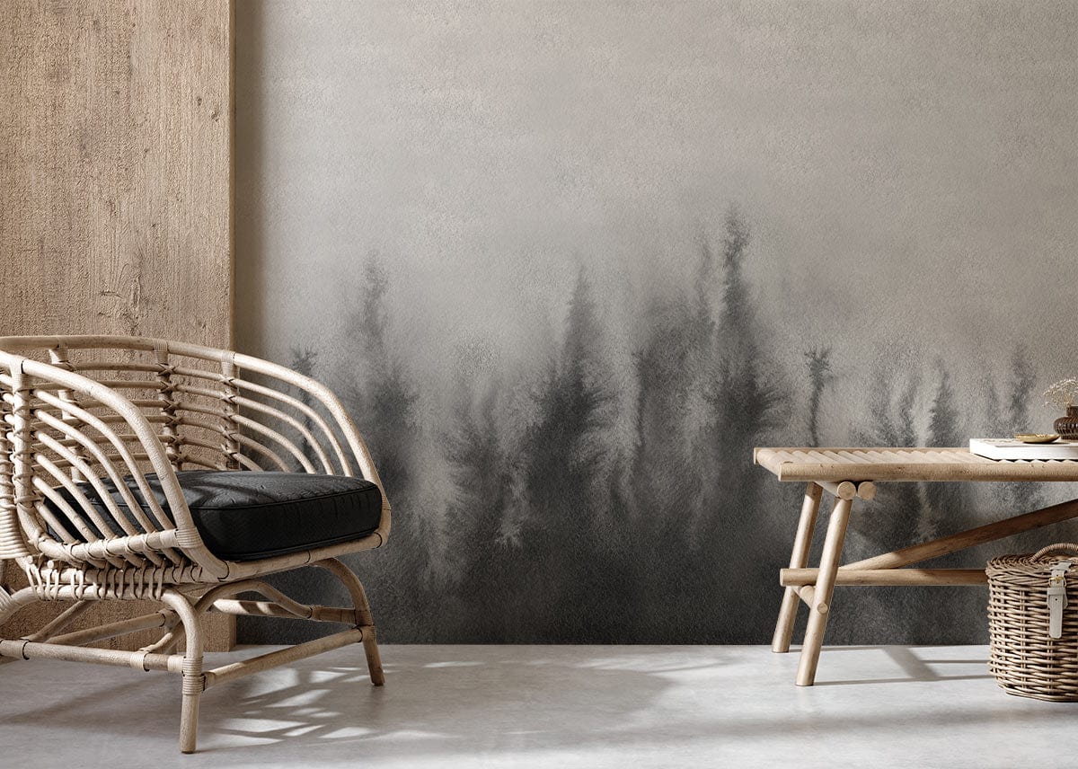 Hallway covered in a Gray Forest Wallpaper Mural