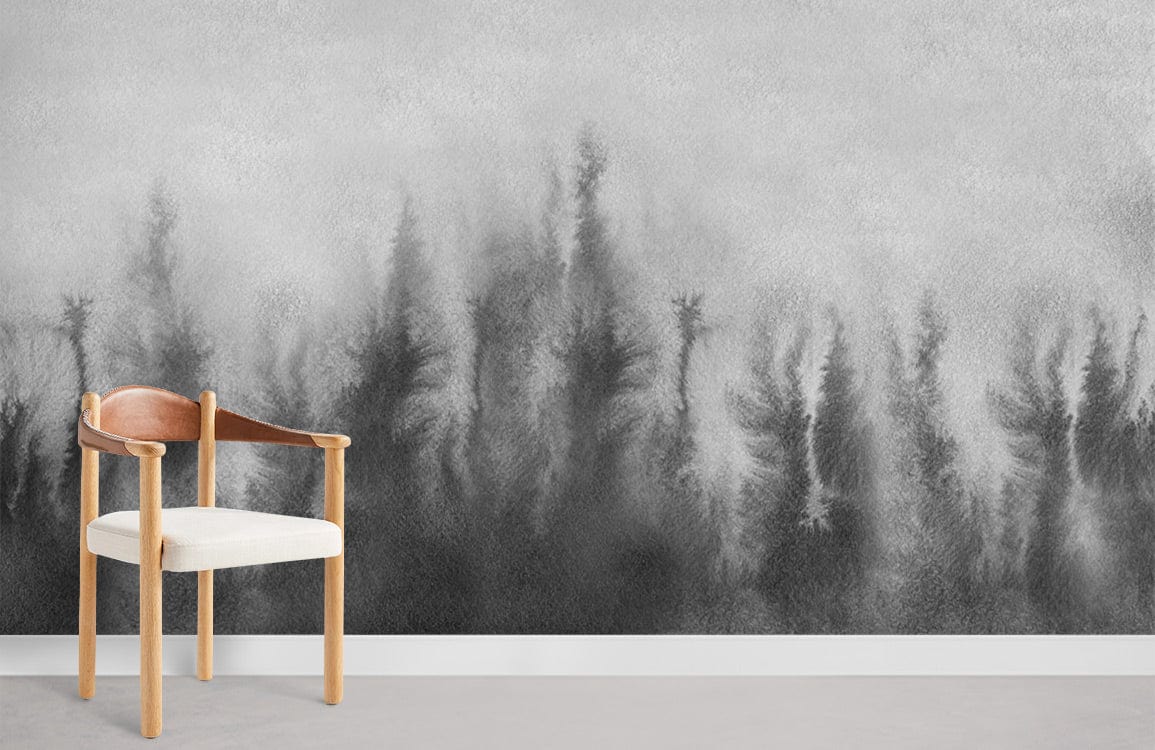 Room with a Mural of Gray Forest Wallpaper