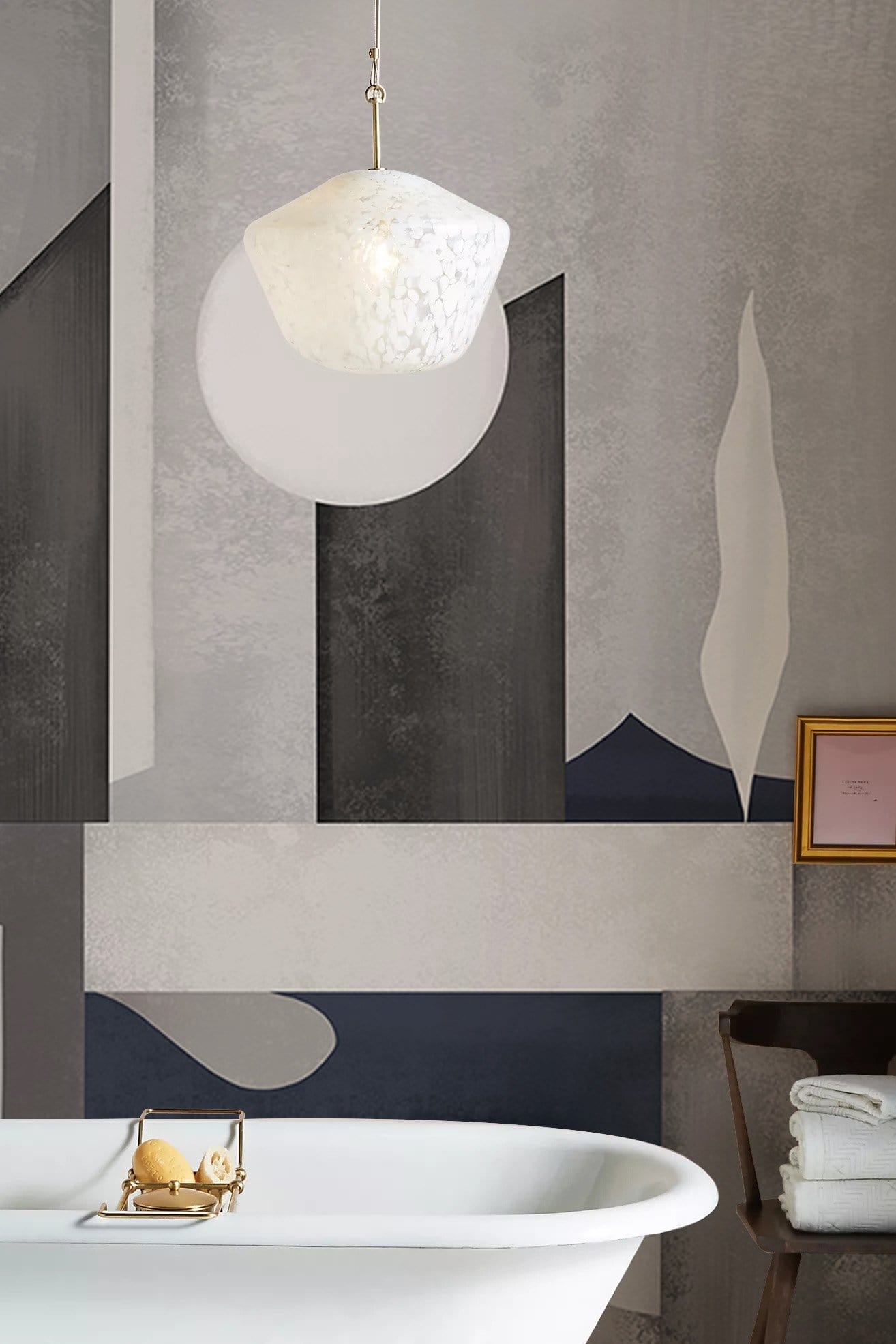 Wallpaper mural with a grey geometric pattern, perfect for use as bathroom decor.