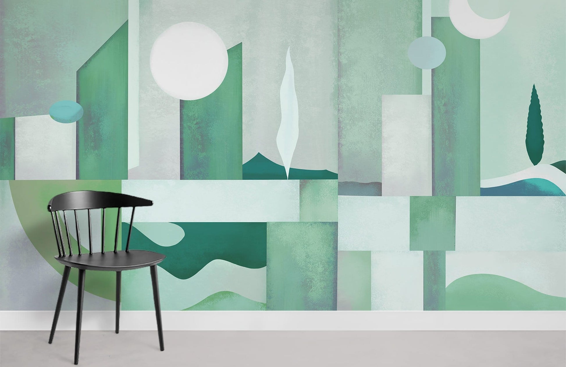Wallpaper mural with a green geometric pattern for use as home decor