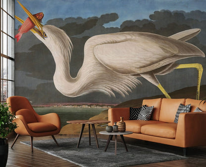 Vintage Heron Bird Illustration Mural Wallpaper in living room