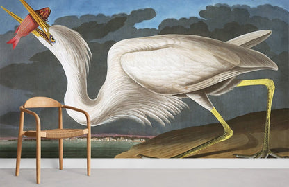 Vintage Heron Bird Illustration Mural Wallpaper