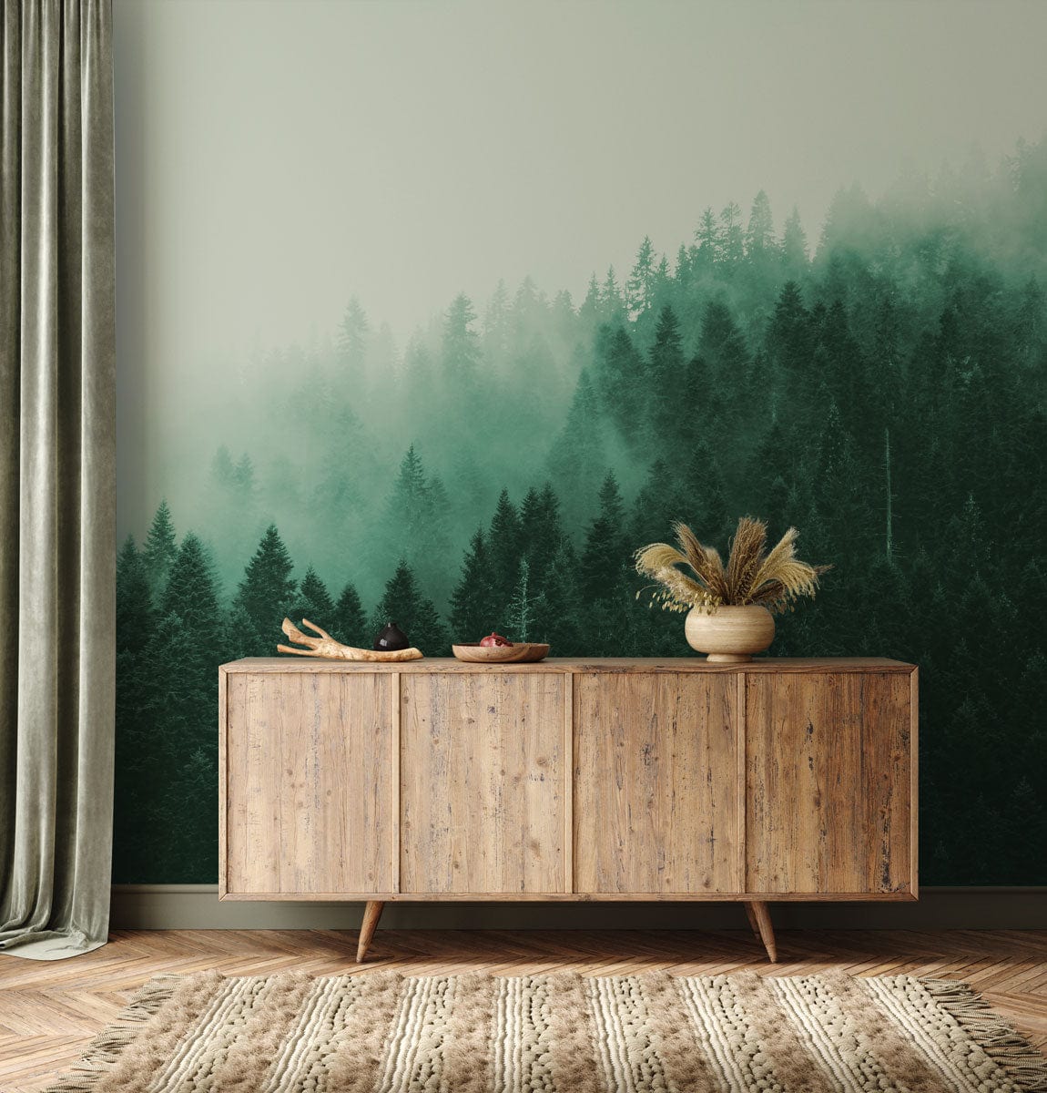 Wallpaper mural depicting a green agate forest for use in decorating the hallway