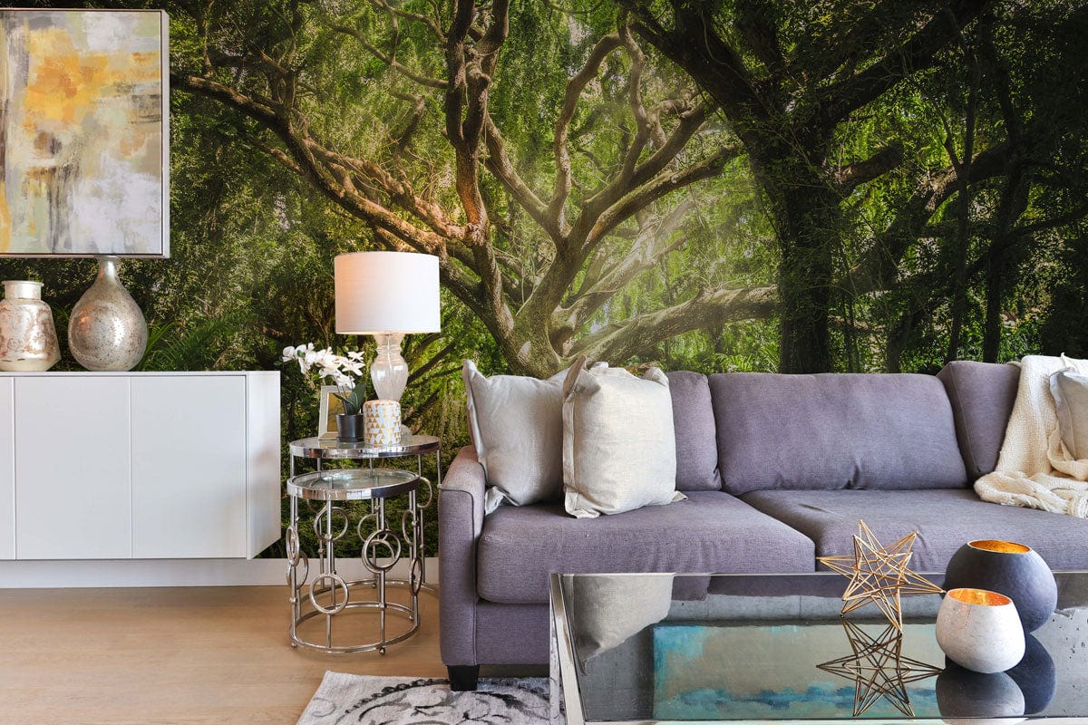 Living Room Decoration Featuring a Wallpaper Mural of an Ancient Tree Bathed in Sunshine