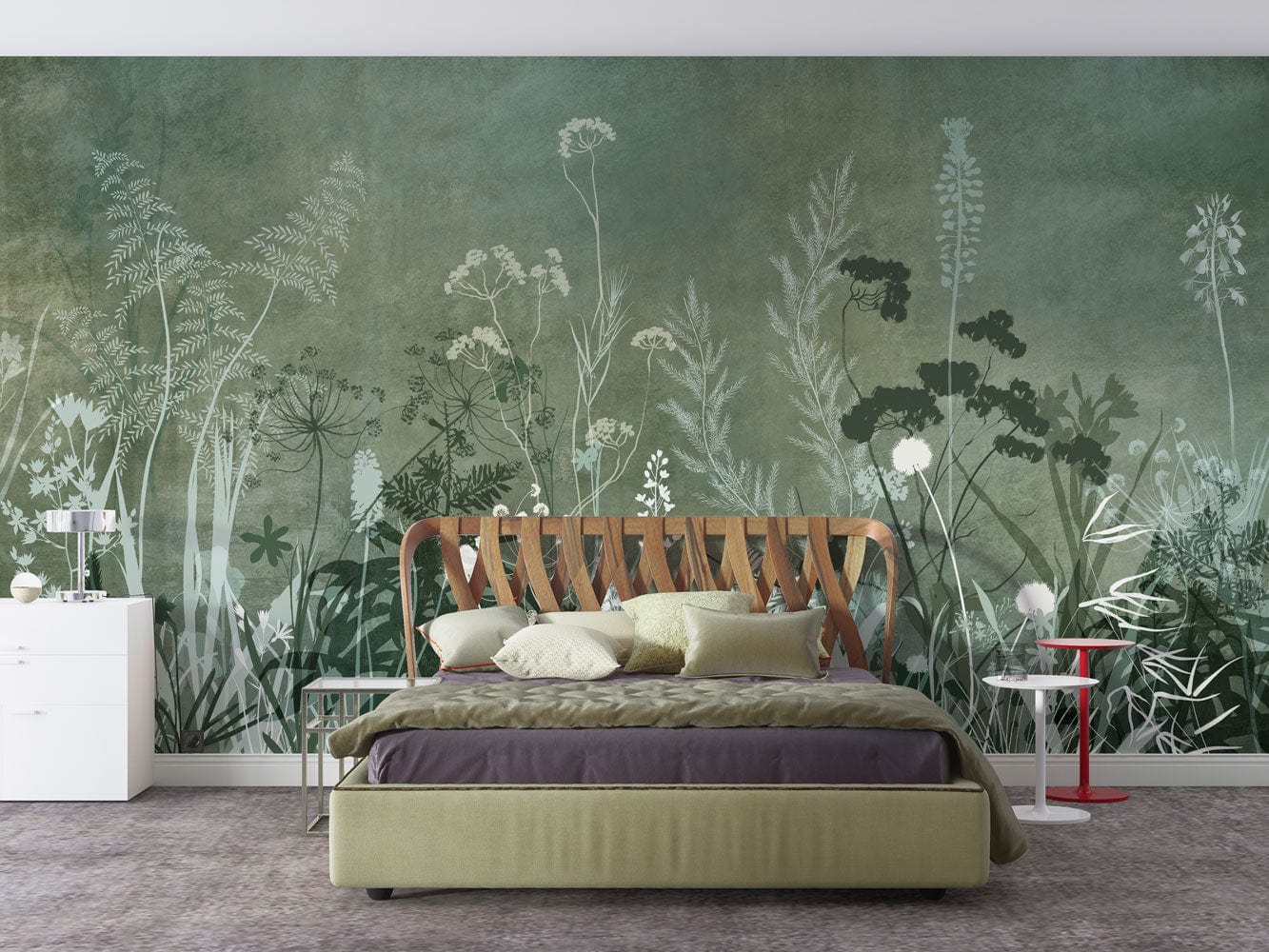 Bedroom Wall Decoration With a Silhouette of Green Bushes on a Wallpaper Mural