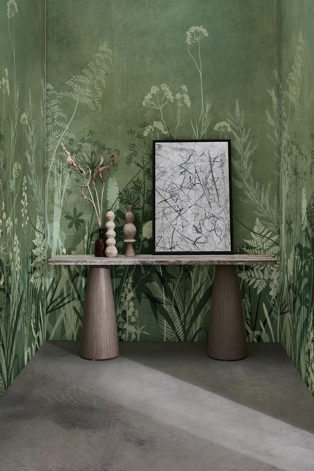 Wallcovering Mural with a Silhouette of Green Bushes for the Hallway Decor