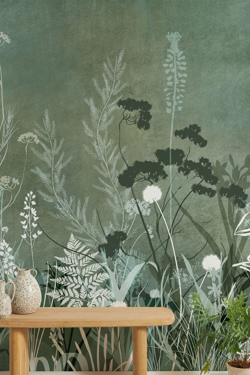 Wallpaper mural featuring a silhouette of green bushes, perfect for use as a decoration in the hallway