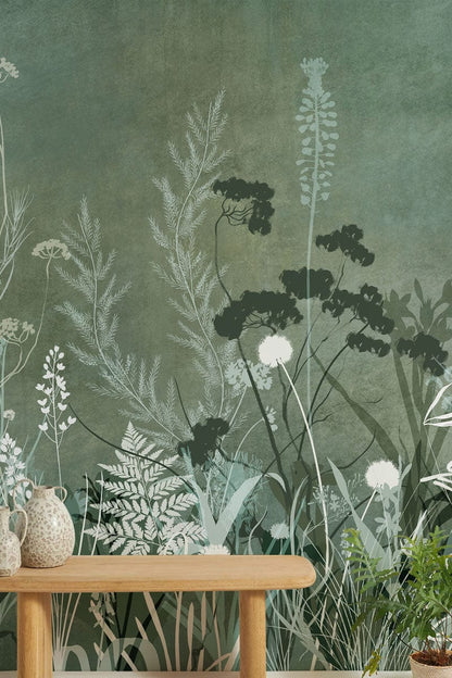 Wallpaper mural featuring a silhouette of green bushes, perfect for use as a decoration in the hallway
