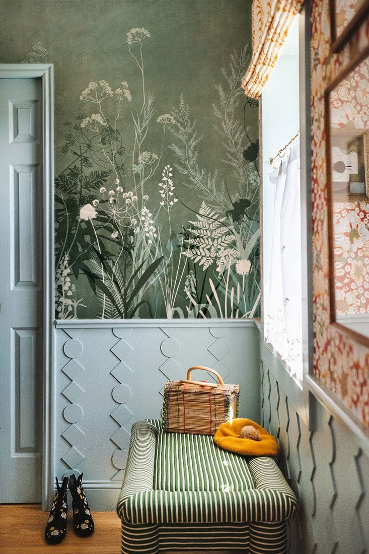 Wallpaper Mural with a Silhouette of Green Bushes for the Foyer