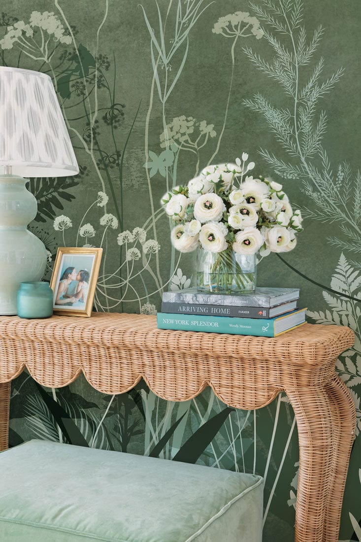 Hallway Wall Mural Decorating with Silhouette of Green Bushes