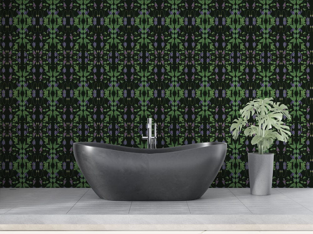 Bathroom Wall Decoration Featuring a Mural of Flowering Bushes in Green