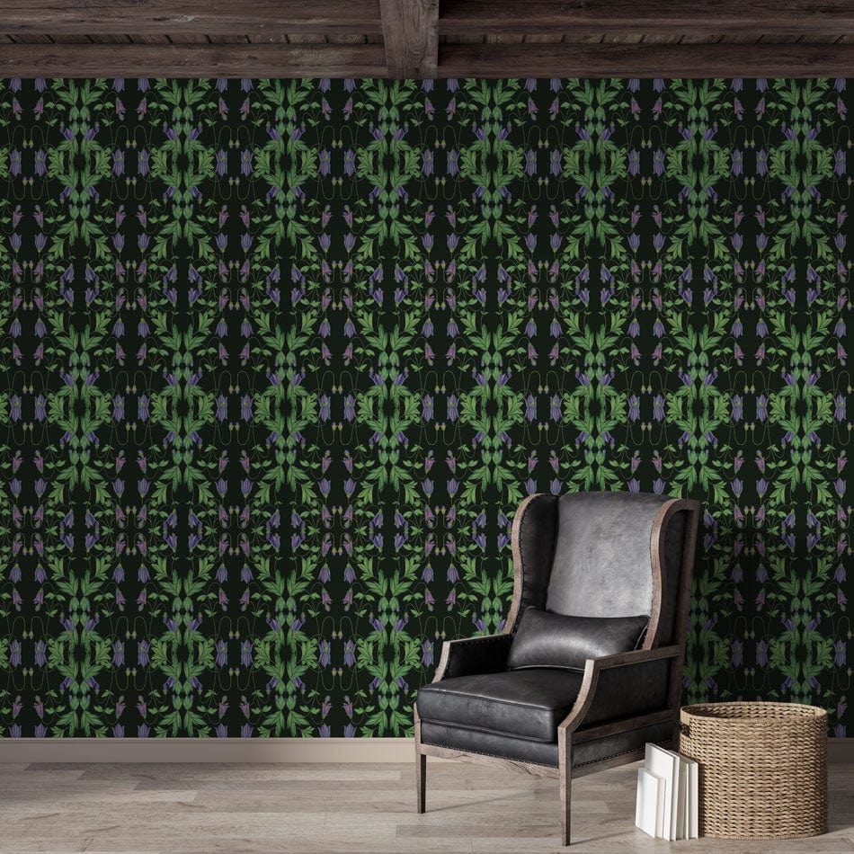 Wallcovering with a mural depicting flowering bushes in green for use in decorating the hallway