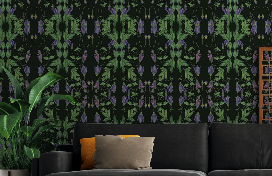 Mural wallpaper with green flower bushes, perfect for decorating the living room.