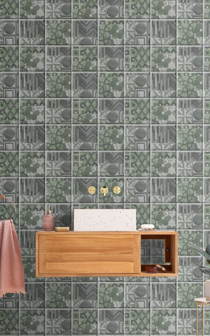 green mixed with gray pattern mural bathroom
