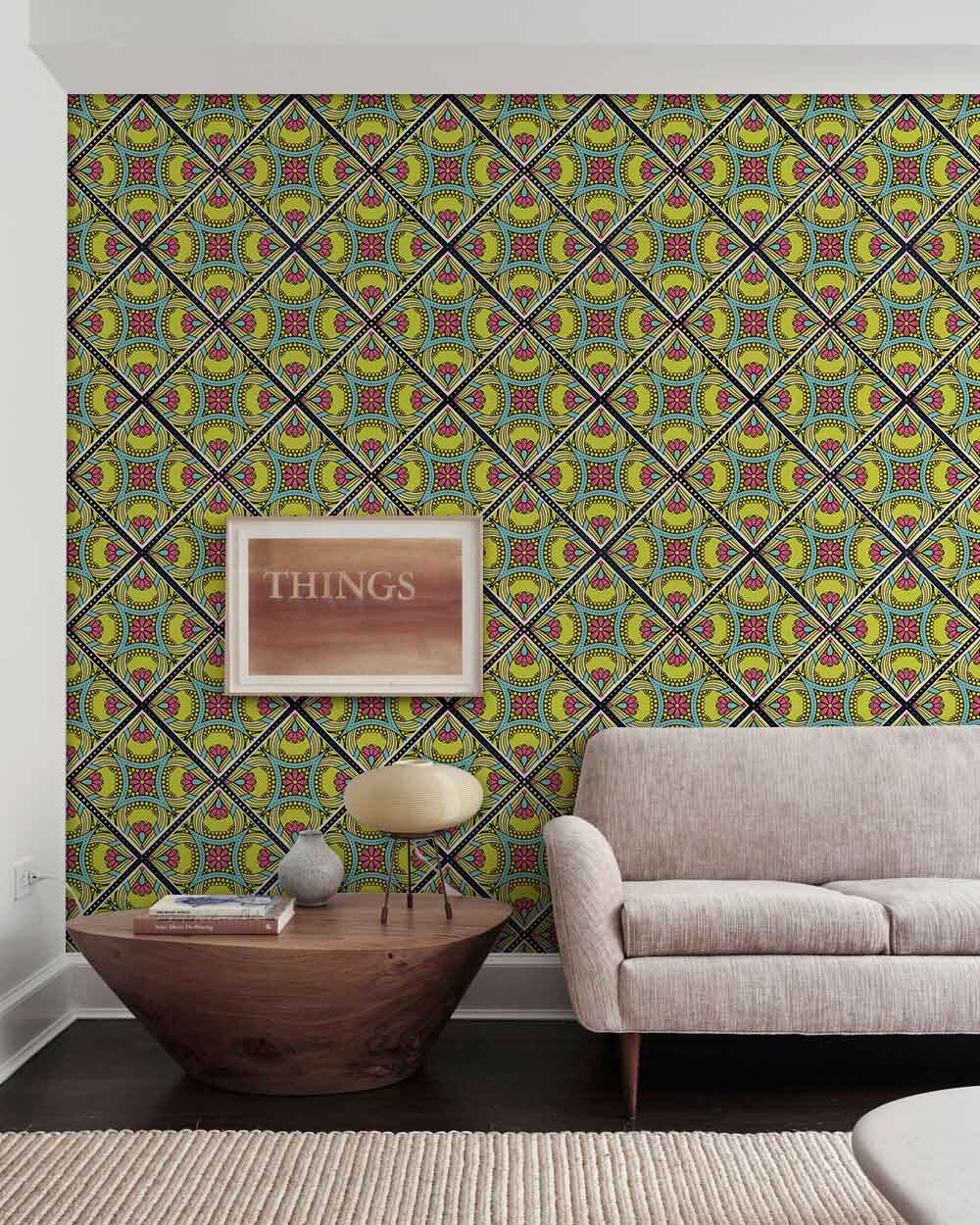 A green repeat pattern wallpaper mural for the living room that's all its own.