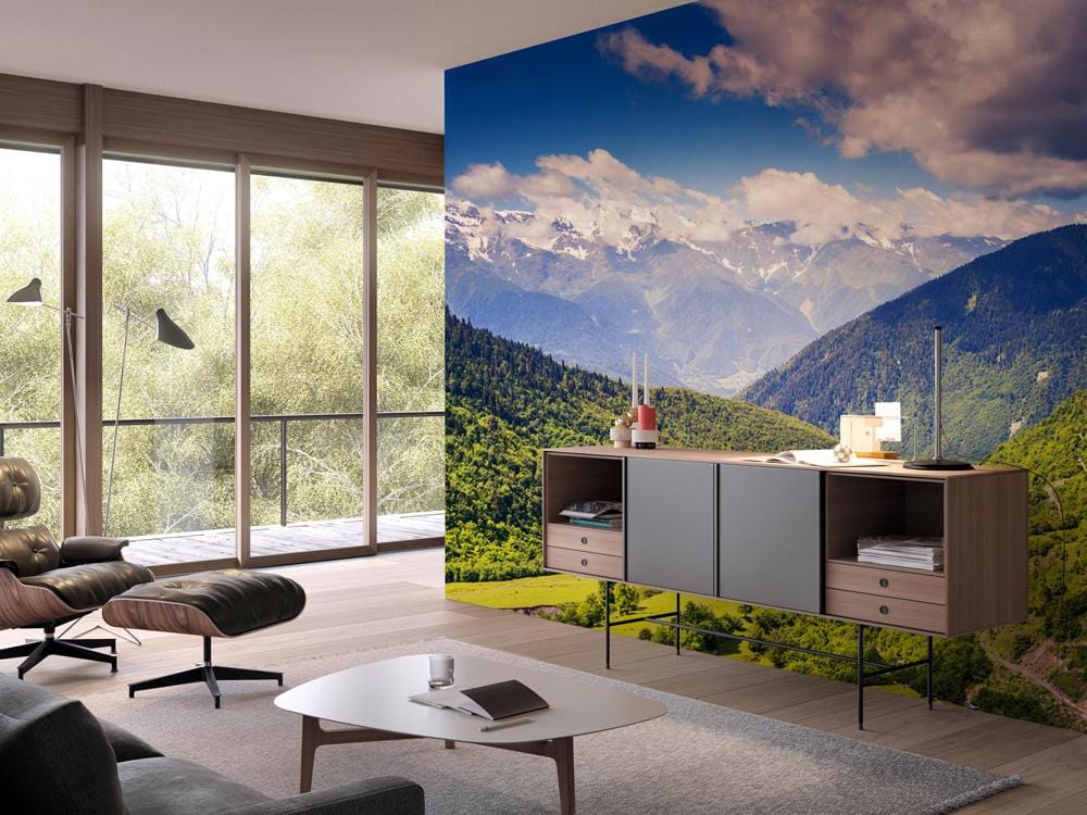 Wallpaper mural featuring a green forest and a blue sky in green and blue.
