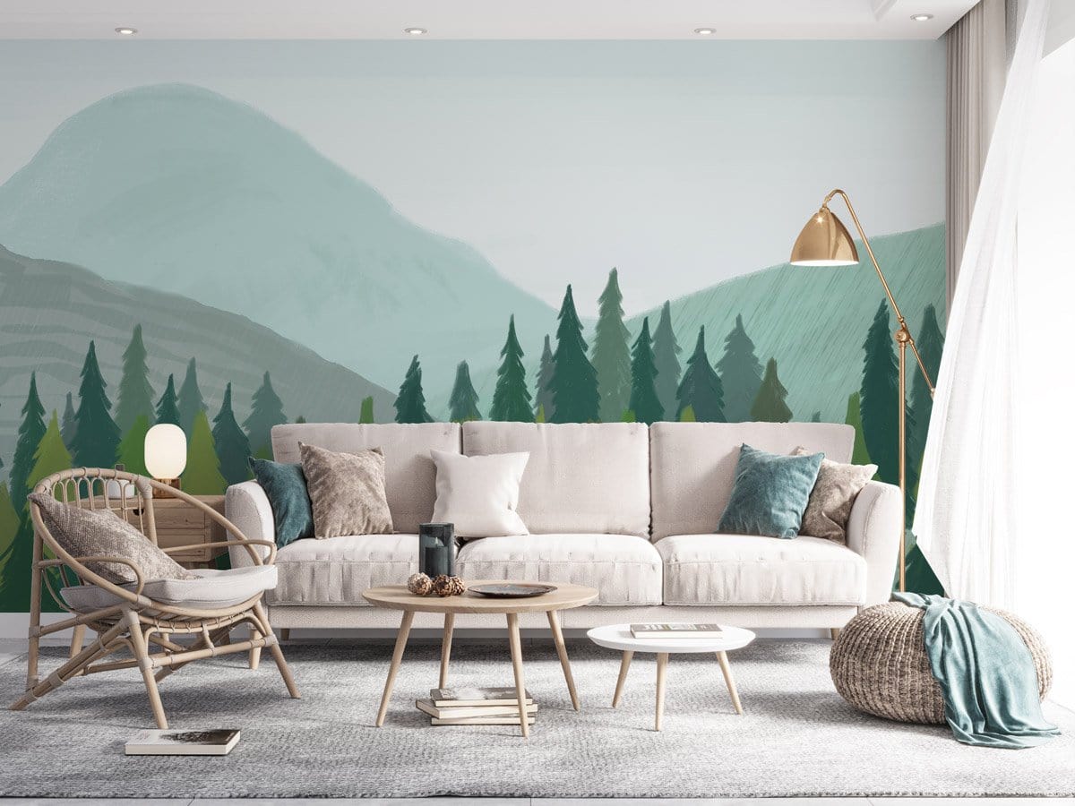 Wallpaper Mural of a Green Forest in a Living Room