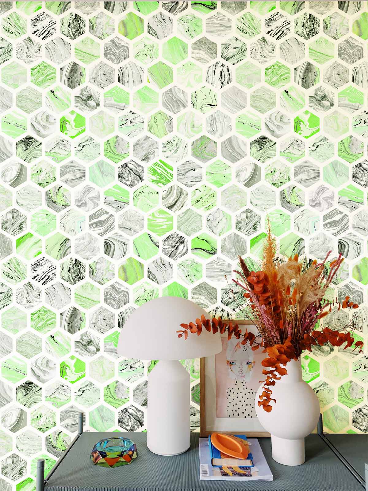 Green Hexagon Mural Wallpaper Home Decor