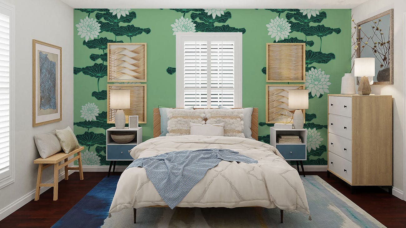 Green Lotus Line Wallpaper Mural for Use as Decorating Material in Bedrooms