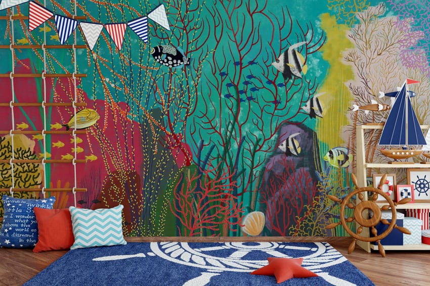 Wallpaper mural featuring a green ocean ground design for use in decorating nurseries.
