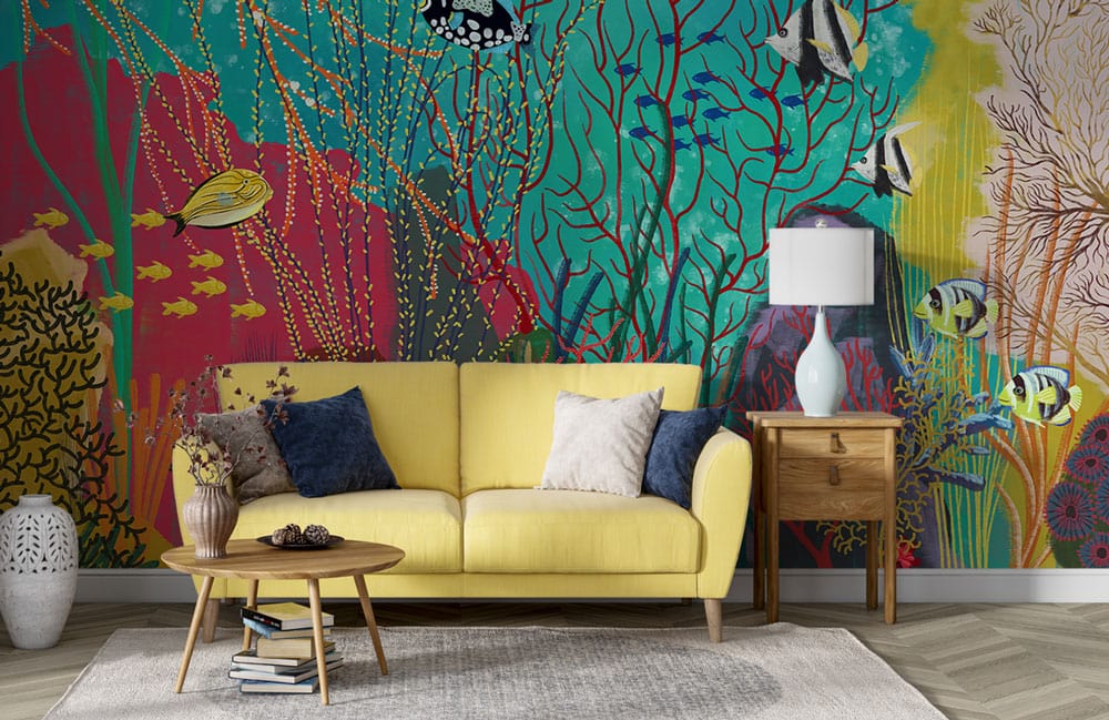 Wallpaper mural featuring a green ocean ground design for use in decorating the living room.
