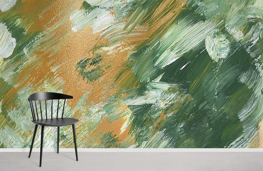 Abstract Green Orange Brushstroke Mural Wallpaper