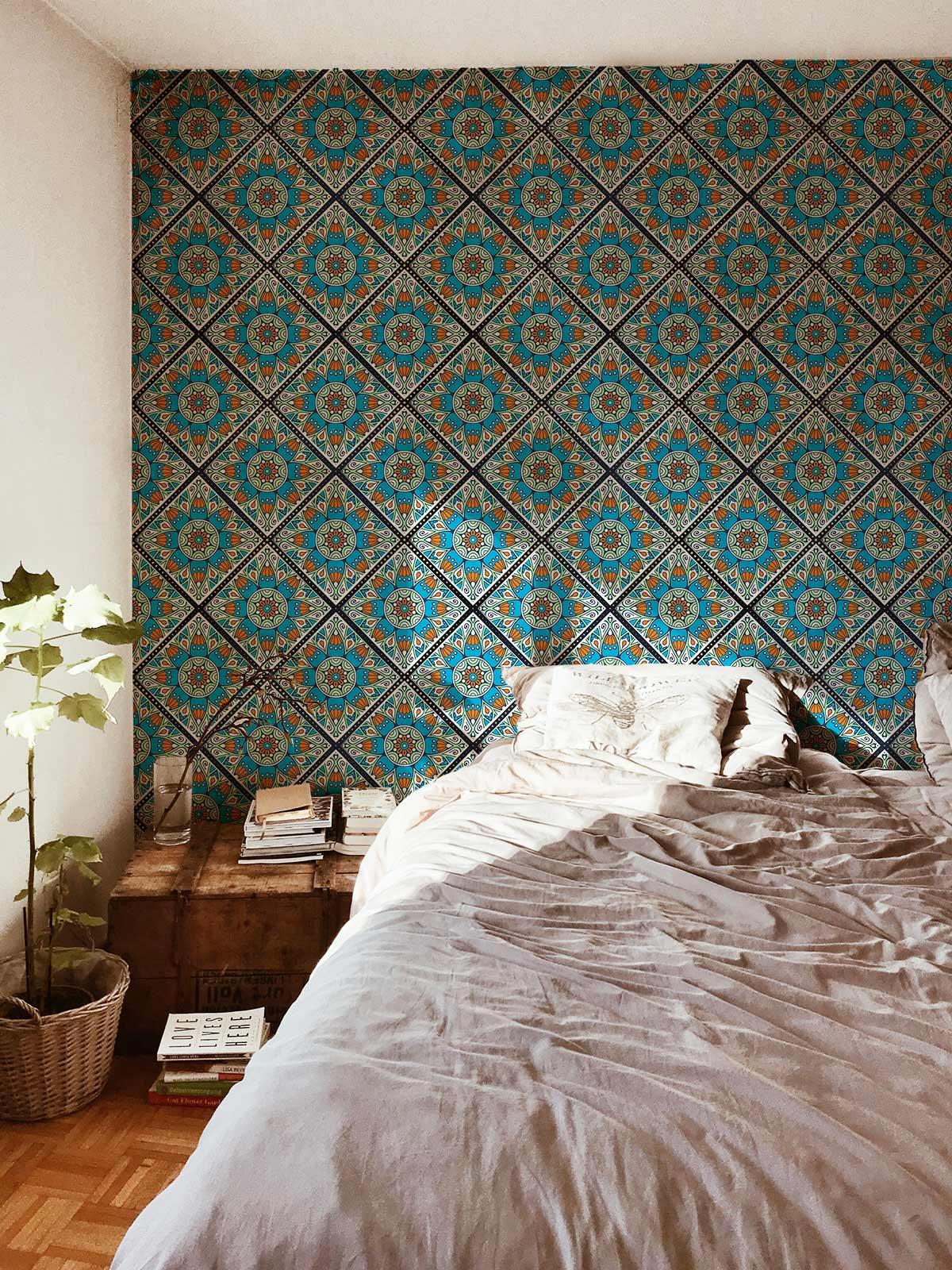 design for a bedroom with a vintage and exquisite pattern wall mural