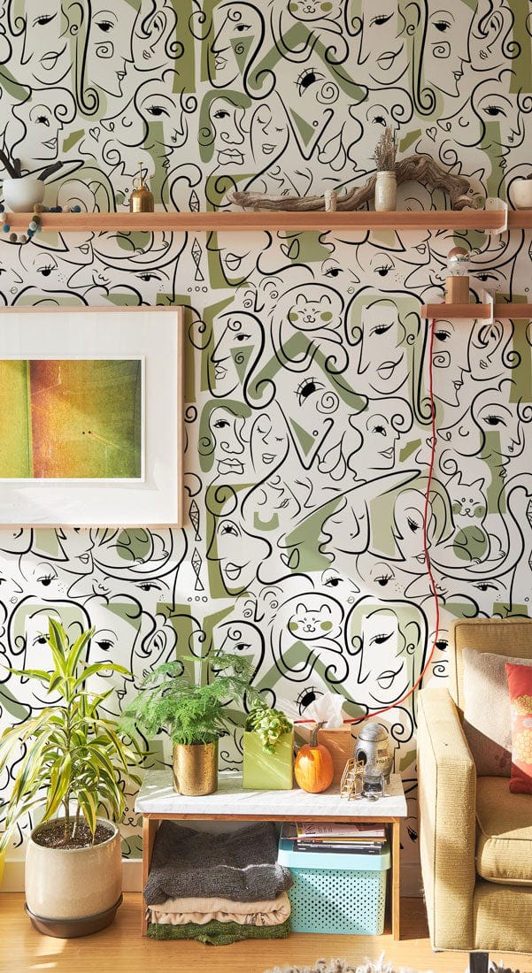 Green Side Faces Wallpaper Mural for Use as D��cor in the Hallway
