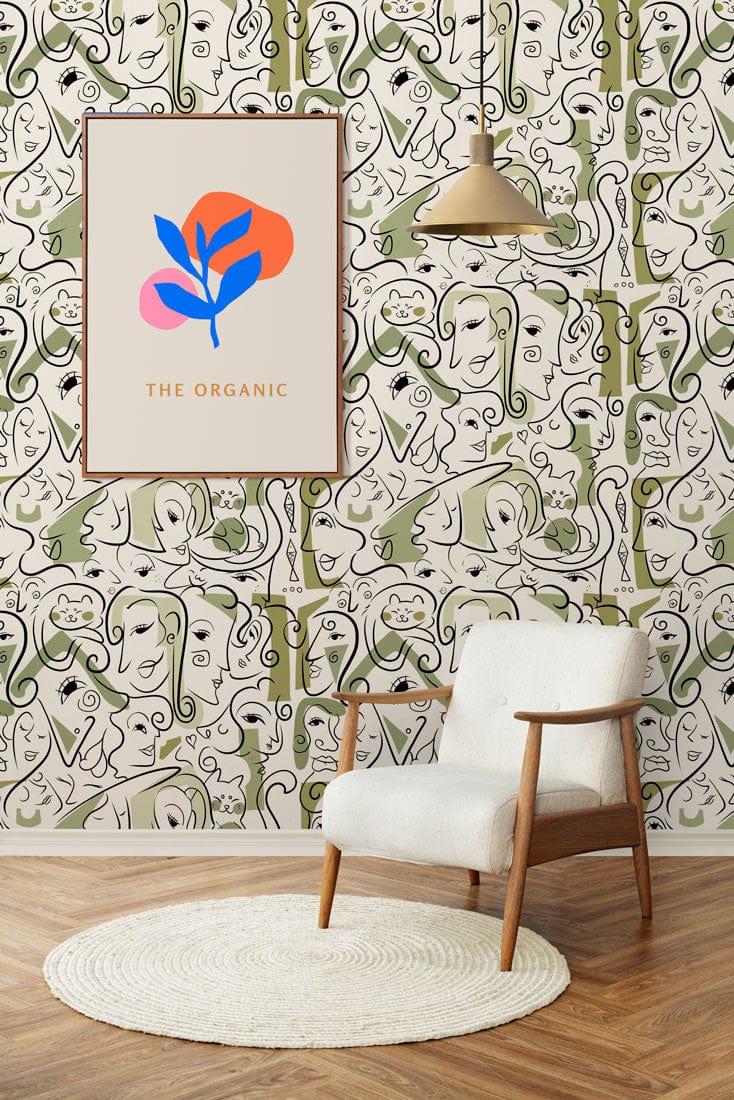 Wallcovering Mural with Green Side Faces for Use as Hallway D��cor