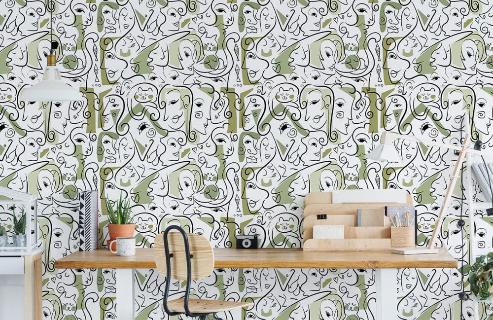 Wallpaper mural with green side faces for use as office decor.