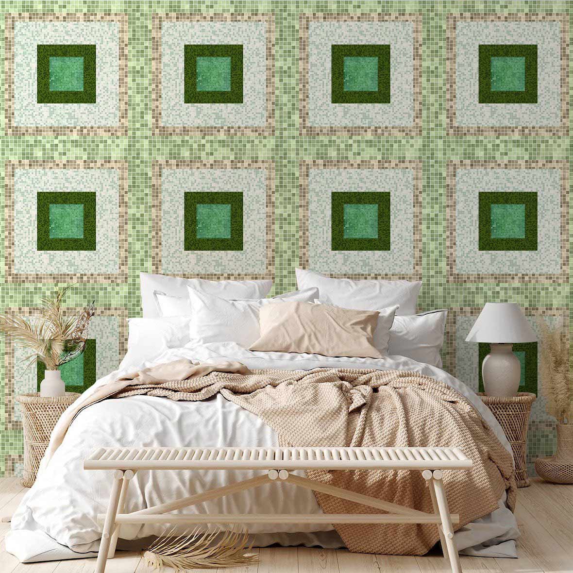 Green Squares Mosaic Wallpaper Mural for the Bedside