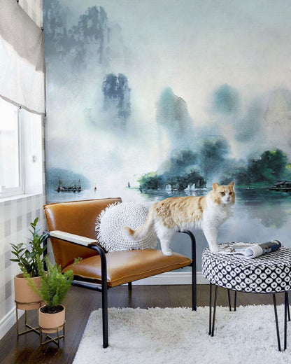 green stain mountain wall mural corridor decor idea