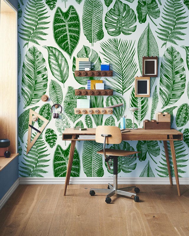 Wallcovering Mural with Green Tropical Leaves for the Hallway Decoration