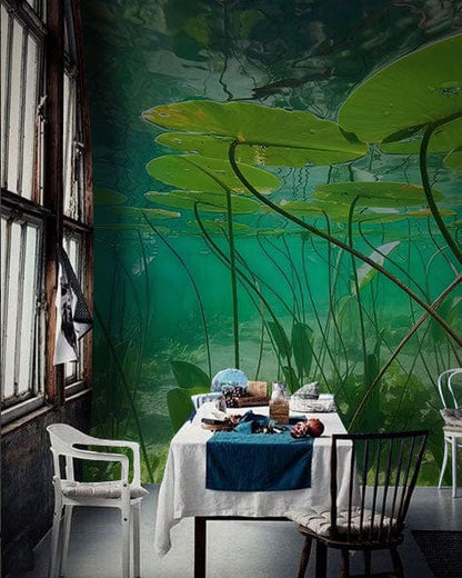 Wallpaper mural featuring a green underwater world for use in the decoration of restaurants.
