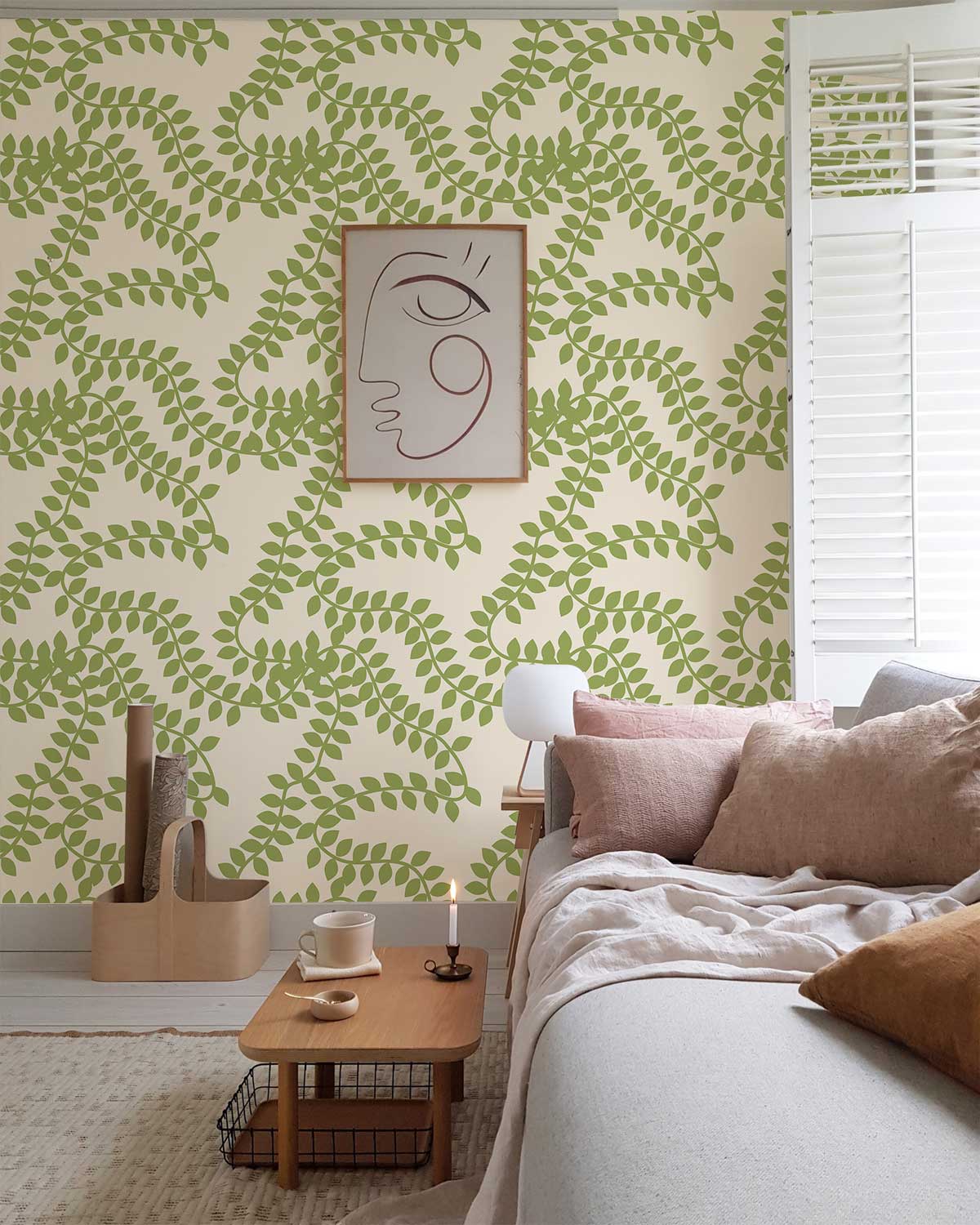 Green Botanical Leaf Pattern Wall Mural in living room