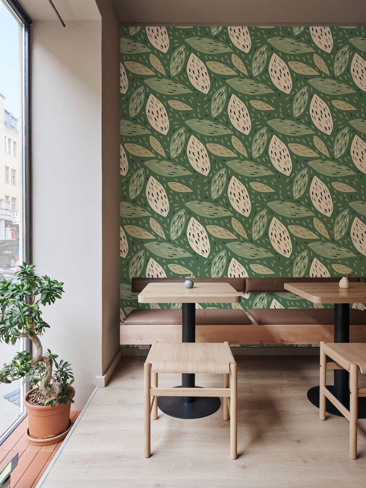 Green & White Tropical Leaves Mural Wallpaper Restaurant