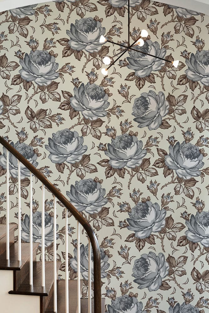 Wallpaper Mural in Grey and Brown with Flowers, Ideal for Hallway Design