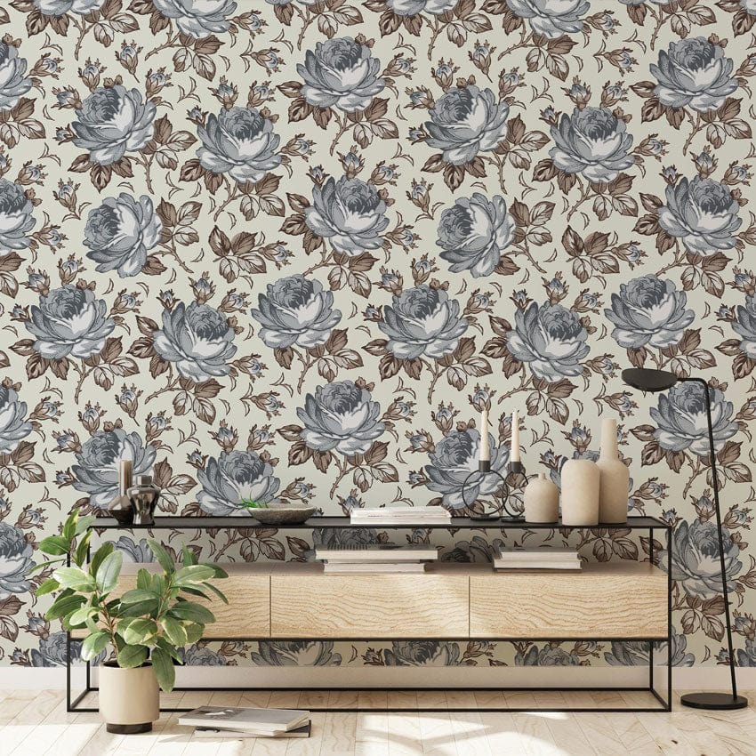 Mural Wallpaper in Grey and Brown with Flowers, Ideal for Hallway Design