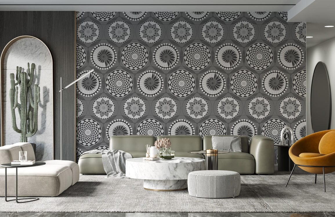 grey circles pattern wall mural hallway design