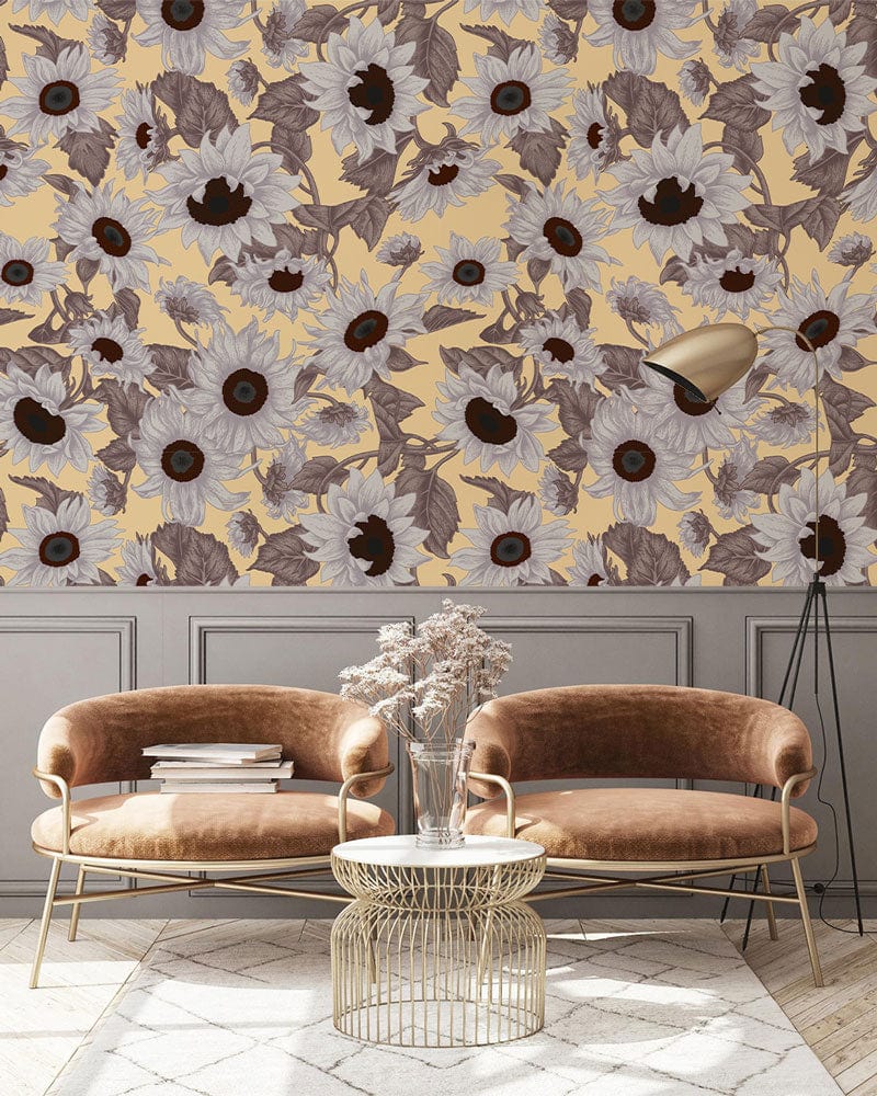 Wallpaper mural featuring grey daisies for use as a decoration in the hallway